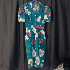 Vintage floral turquoise color button down dress
